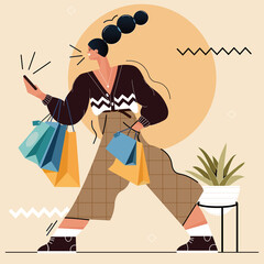 Trend illustration. A girl with a big body and a small head goes shopping in the store and talks on the phone.