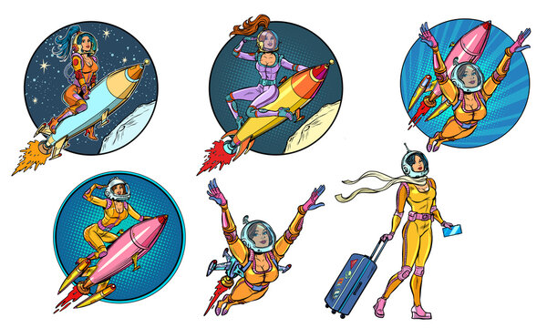 Set of female astronaut. A woman on a rocket, space tourism