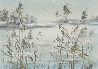 The first snow by the lake watercolor background