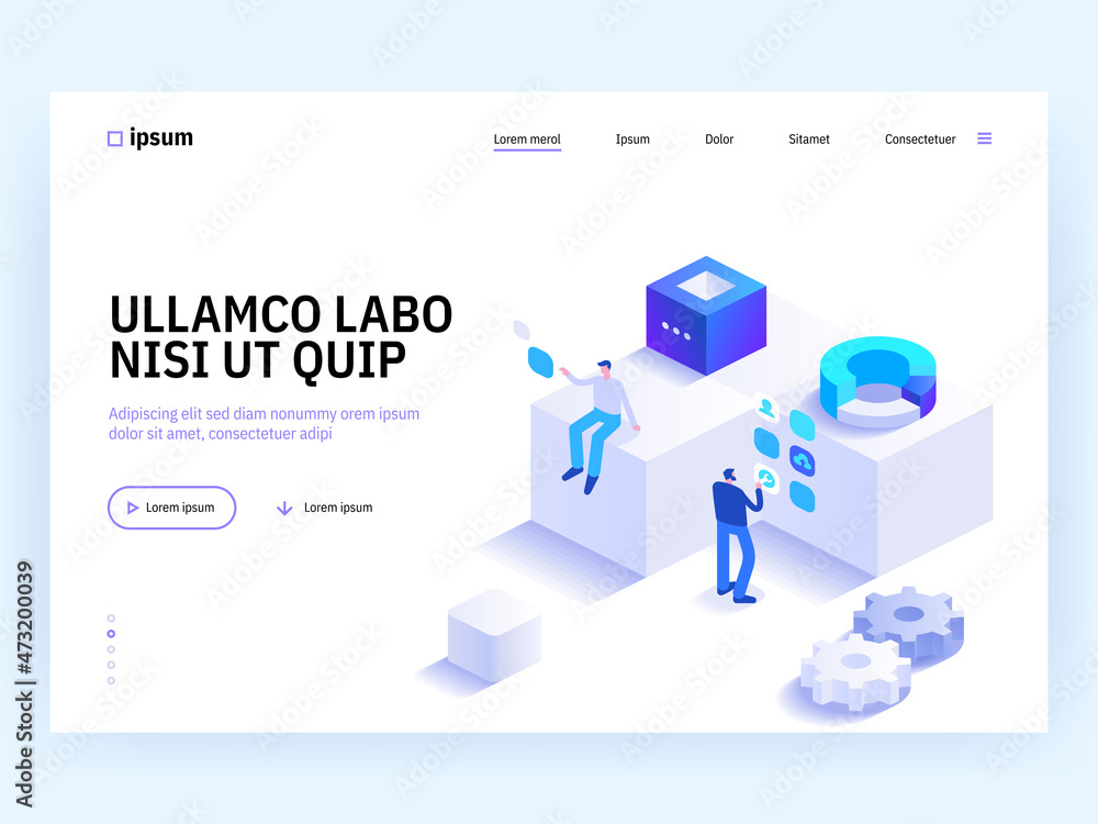 Poster concept of data science, cluster analysis, statistical information research. landing page template w