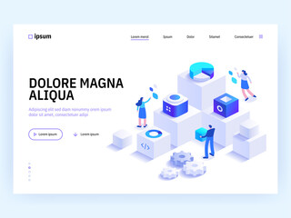 Landing page template with cryptocurrency miners chain of cubic blocks. Software and hardware solutions for Bitcoin mining. Modern isometric vector illustration for website.