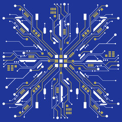 Abstract digital illustration of microchip board on snowflake shape on blue background. Technology concept image. Happy new year and merry christmas card.