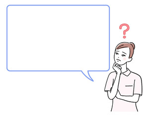 手を顎に当てて考える看護師と吹き出し