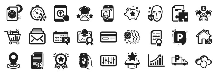 Set of Business icons, such as Dj controller, Loan house, Sharing economy icons. Uv protection, Loyalty award, Mail signs. Credit card, Mobile like, Swipe up. Electric app, Best chef. Vector