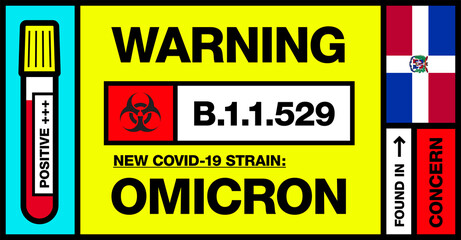 Dominican Republic. Covid-19 New Strain Called Omicron. Found in Botswana and South Africa. Warning Sign with Positive Blood Test. Concern. B.1.1.529. - obrazy, fototapety, plakaty