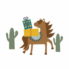 Funny pony with gift boxes on the back. Festive vector children's illustration.