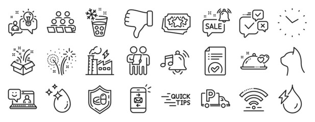 Set of Business icons, such as Fireworks, Truck parking, Alarm sound icons. Water drop, Romantic dinner, Teamwork signs. Wifi, Promotion bell, Pets care. Time, Electricity factory, Survey. Vector