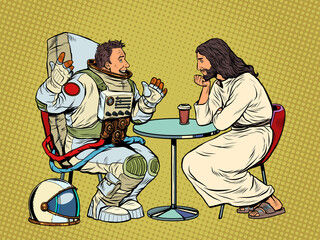 Jesus Christ is talking to a male astronaut. Christianity and religion, preaching