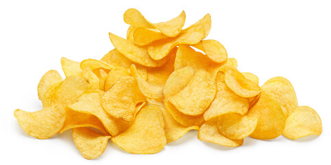 Pile of tasty potato chips, isolated on white background