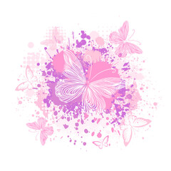 Fototapeta na wymiar Purple abstraction with butterflies and blots. Light background. Vector illustration