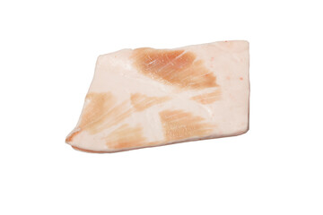 Piece of raw pork lard isolated on white background. Fat, not vegetarian food, for meat eaters.