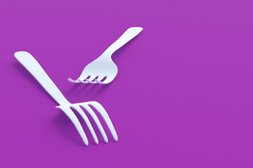 White forks on violet background. Copy space. 3d render