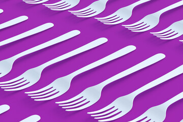 Rows of white forks on violet background. 3d render