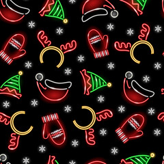 Christmas seamless pattern with neon icons of Santa Clause hat, elf cap, Deers hornes, mitten on black background. Winter holidays, Xmas, New Years concept. Vector 10 EPS illustration.