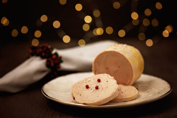 Foie gras, goose liver  traditional french starter for winter holidays celebration. Cristmas...