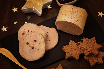 Foie gras, goose liver  traditional french starter for winter holidays celebration. Cristmas appetizer for buffet, festive dinner concept - obrazy, fototapety, plakaty