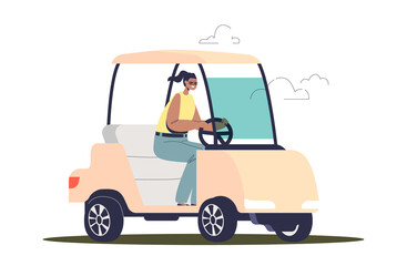 Woman driving electric golf car. Female player of golf sport game in vehicle. Outdoor activity