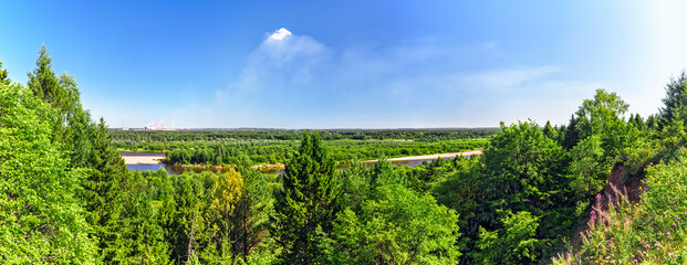 panorama of the forest and the river on a sunny summer day