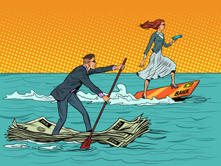 A businessman and a businesswoman are sailing. Competition of cash and electronic money on a plastic card