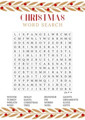 Christmas word search puzzle.  Holiday crossword  worksheet, find 16 hidden words. Logic game. Party card. Fun printable winter time activities for adults and children. Vector eps 10