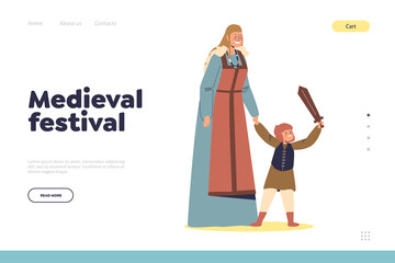Medieval festival concept of landing page with viking family mother with son kid