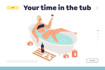 Your time in tube concept of landing page with woman taking bath and drinking wine