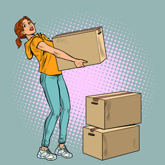 Young woman moving with boxes. Delivery and packing of personal belongings