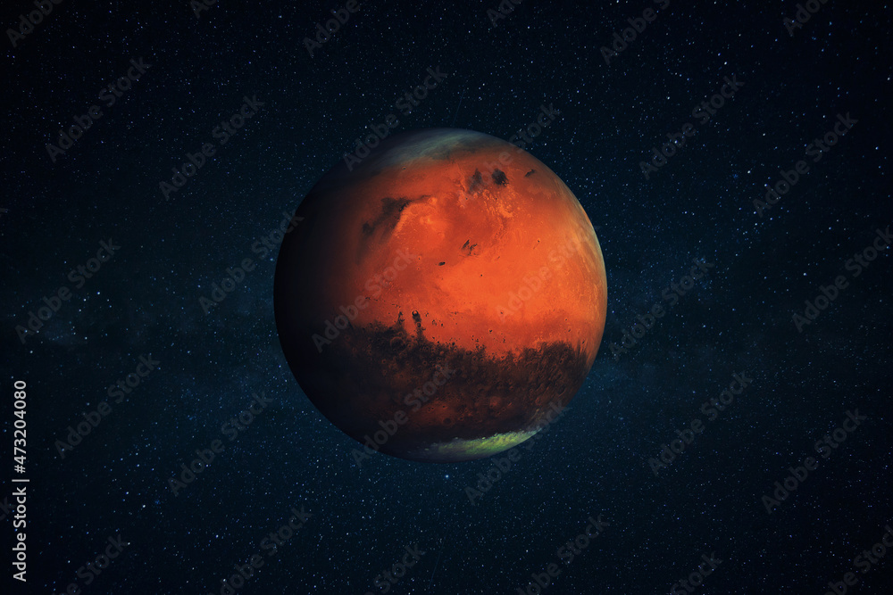 Poster beautiful red planet mars in the stars deep space.