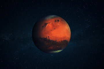 Beautiful red planet Mars in the stars deep space.