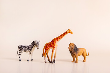 Group of plastic toy animals, Elephant, Tiger, Lion and Cheetah - Miniature plastic toy animals 