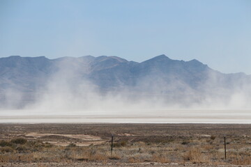 dust storm at the dry lake bed of Sevier Lake in central utah west desert area