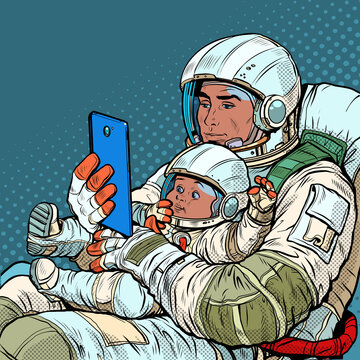 astronaut man with a baby, a father and a child. space future and colonization, love and care