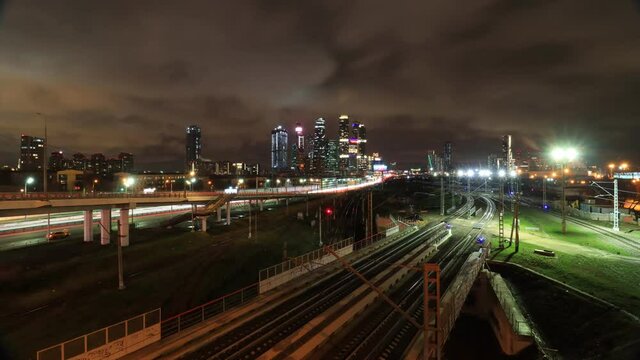 timelapse with tracers of traffic at night on the TTK, MCD, Moscow city downtown from the side of Zvenigorodskoe highway in Moscow, Russia