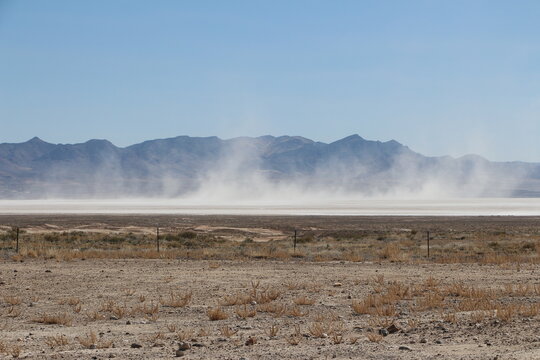 dust storm at the dry lake bed of Sevier Lake in central utah west desert area