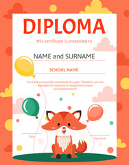 Fototapeta premium Colorful school and preschool diploma certificate with cute fox for kids and children in kindergarten or primary grades. Vector cartoon flat illustration