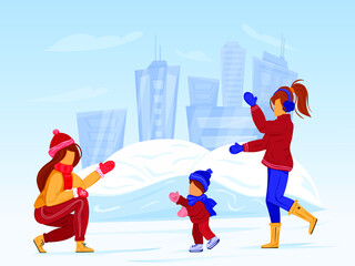Two moms teaching their child how to skate. Family winter outdoor activity. Vector illustration cartoonish style of family ice skating