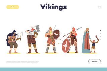 Vikings concept of landing page with nordic barbarian cartoon characters warriors with weapon