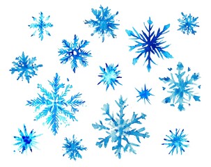 Snowflake watercolor brush painting, isolated snowflakes. granulation effect on paper.