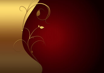 Elegant red and golden background with swirls and little leaves and space for your text.