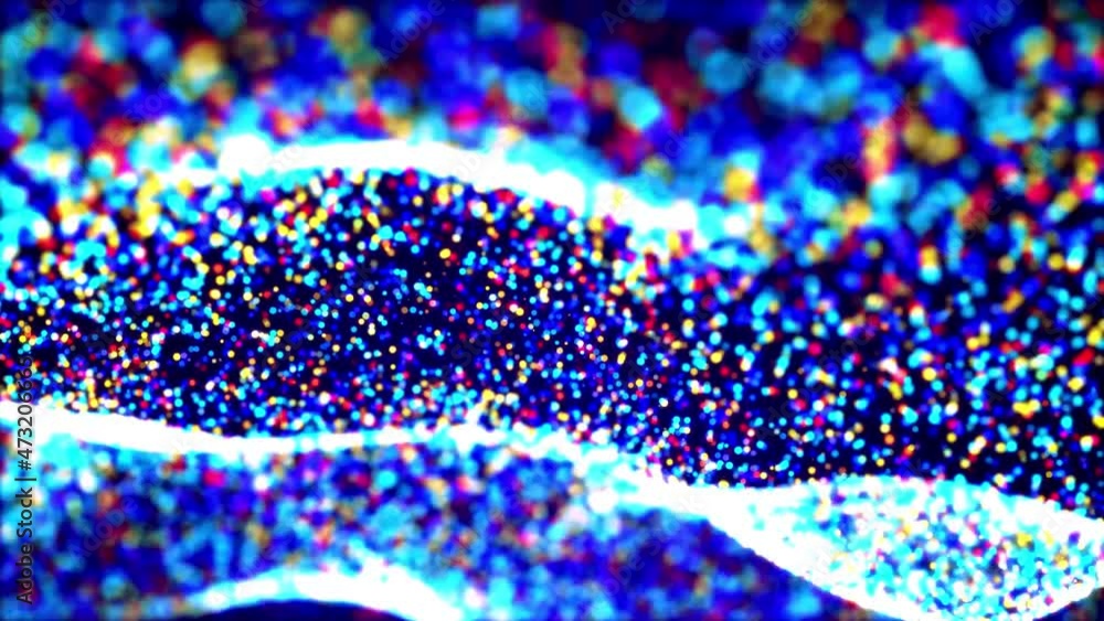 Poster glow particles form surface with waves and bright glitter. magic particles fly in wind and form wavi