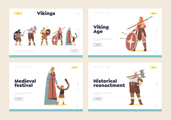 Viking historical reenactment landing pages set with nordic medieval warriors holding weapon