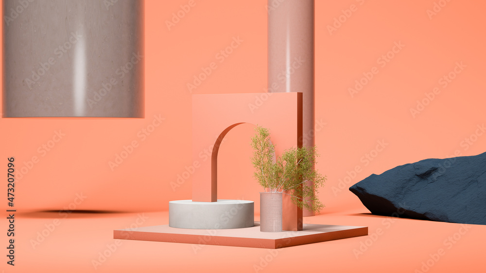 Poster bright round showcase near square peached colored arc, plant and different abstract figures on brigh