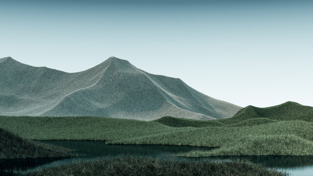 Surreal mountains landscape with pale green peaks and teal sky. Minimal modern abstract background. Shaggy surface with a slight noise. 3d rendering