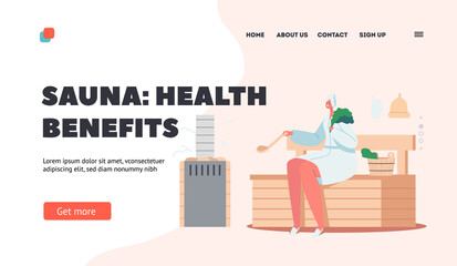 Sauna Health Benefits Landing Page Template. Woman in Turban and Robe Sitting on Wooden Bench in Steam Room