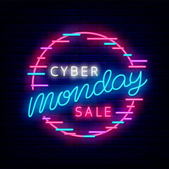 Cyber monday sale neon text in glitch circle. Template for sale. Outer glowing effect logo. Isolated vector illustration