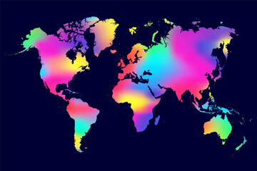 Rainbow color map world. Neon worldmap global. Worldwide globe. Colours map world on dark background. Multicolor backdrop for design prints. Multi continents. Planet earth. Land continent. Vector