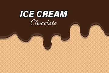 Melting chocolate ice cream with waffle background.