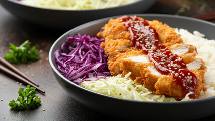 Crispy Katsu chicken with sauce, rice and cabbage.