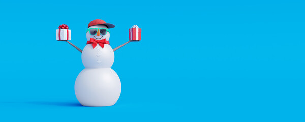 Snowman with gifts on blue background. Winter Holidays background 3d render 3d illustration