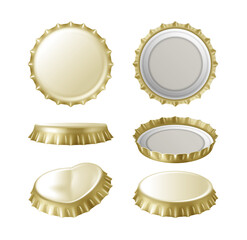 Set of realistic golden crown bottle caps on white background. Beer or lemonade metallic lid